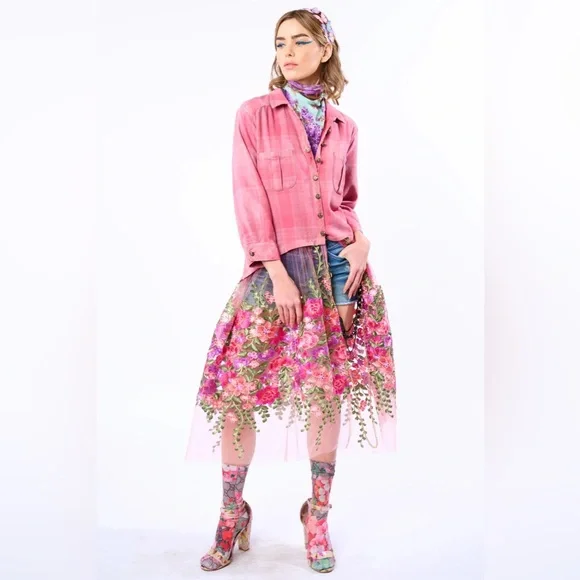 Aratta Pink Floral Embroidered Love Shirt Dress Crystal Button Boho Statement - Picture 7 of 13